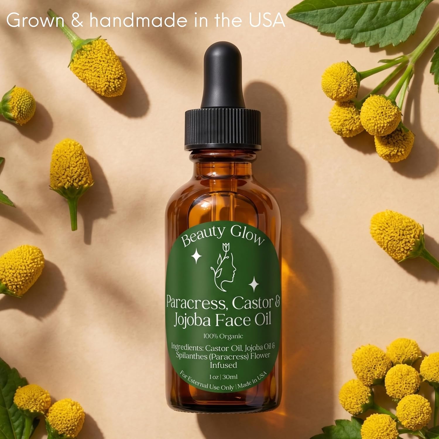 Organic Paracress Facial Oil, Castor &amp; Jojoba Oils Infused with Paracress Spilanthes Acmella Oleracea Flowers