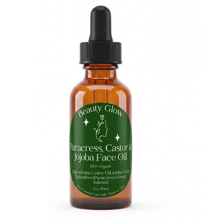 Organic Paracress Facial Oil, Castor &amp; Jojoba Oils Infused with Paracress Spilanthes Acmella Oleracea Flowers